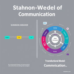 A visually engaging infographic illustrating the Shannon-Weaver Model of Communication on the left side, featuring a linear flowchart with labeled components: Sender, Encoder, Channel, Decoder, Receiver, and Noise