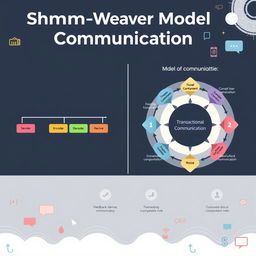 A visually engaging infographic illustrating the Shannon-Weaver Model of Communication on the left side, featuring a linear flowchart with labeled components: Sender, Encoder, Channel, Decoder, Receiver, and Noise
