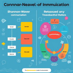 A visually engaging infographic illustrating the Shannon-Weaver Model of Communication on the left side, featuring a linear flowchart with labeled components: Sender, Encoder, Channel, Decoder, Receiver, and Noise
