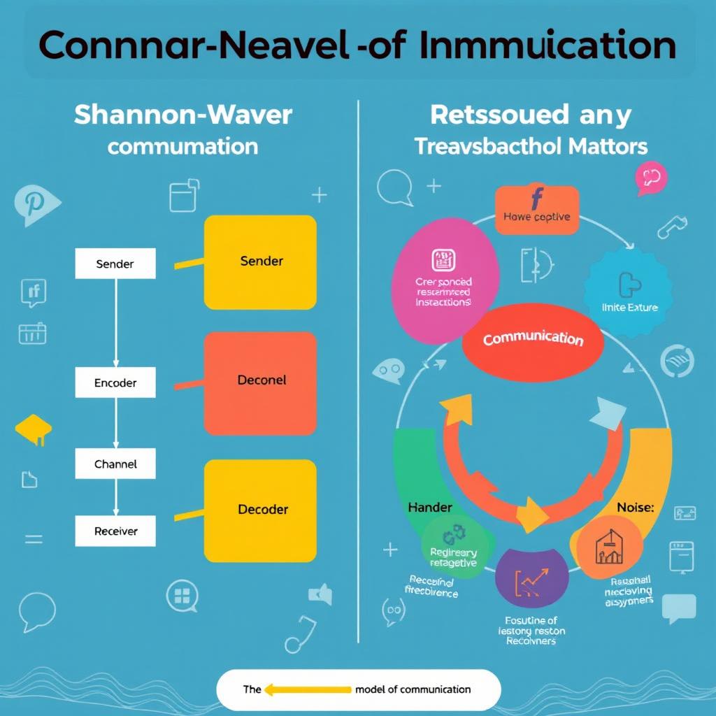A visually engaging infographic illustrating the Shannon-Weaver Model of Communication on the left side, featuring a linear flowchart with labeled components: Sender, Encoder, Channel, Decoder, Receiver, and Noise