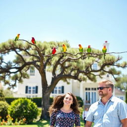 A picturesque scene featuring a two-story mansion in the background, showcasing elegant architecture