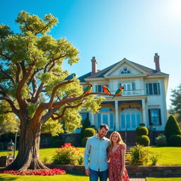 A picturesque scene featuring a two-story mansion in the background, showcasing elegant architecture
