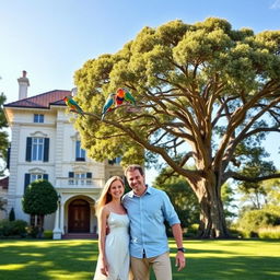 A picturesque scene featuring a two-story mansion in the background, showcasing elegant architecture