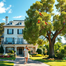 A picturesque scene featuring a two-story mansion in the background, showcasing elegant architecture