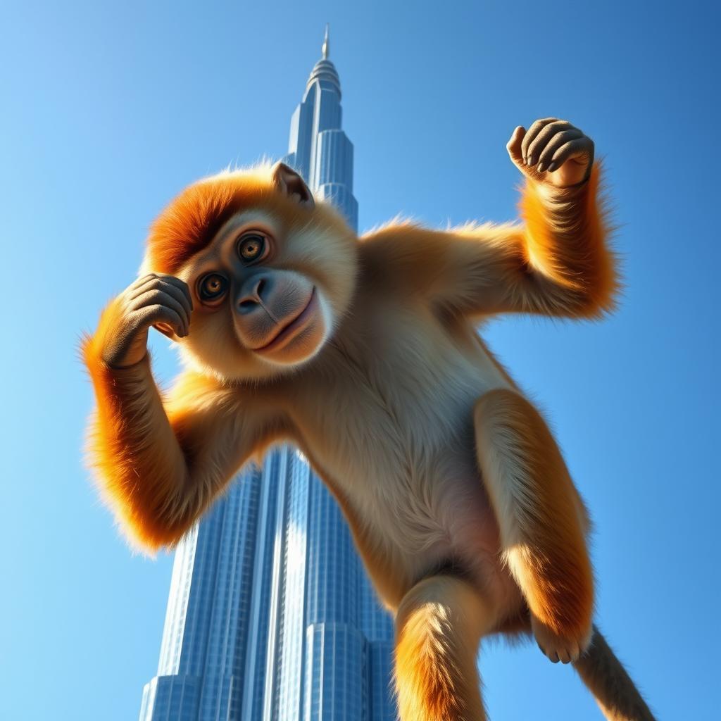 A giant monkey towering over the Burj Khalifa, with a playful expression and vibrant fur, set against a clear blue sky