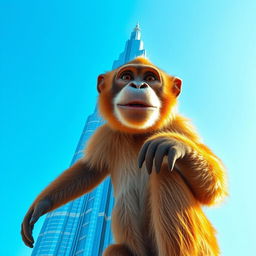 A giant monkey towering over the Burj Khalifa, with a playful expression and vibrant fur, set against a clear blue sky