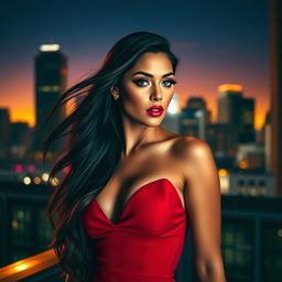A stunningly attractive woman with long flowing hair, wearing a revealing red dress that accentuates her figure