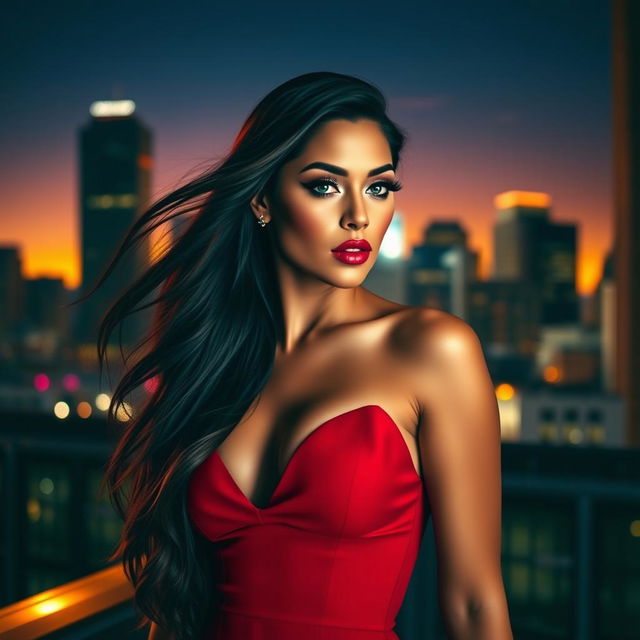 A stunningly attractive woman with long flowing hair, wearing a revealing red dress that accentuates her figure