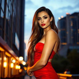 A stunningly attractive woman with long flowing hair, wearing a revealing red dress that accentuates her figure