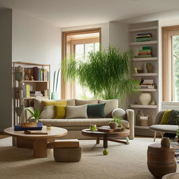 A stylish and cozy living room with comfortable seating, a coffee table, bookshelf, lush indoor plants, natural light filtering from large windows and soft ambient lighting for evening
