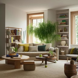 A stylish and cozy living room with comfortable seating, a coffee table, bookshelf, lush indoor plants, natural light filtering from large windows and soft ambient lighting for evening