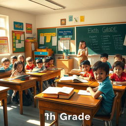 A nostalgic classroom scene from the 5th grade, depicting a vintage classroom filled with wooden desks, colorful bulletin boards, and cheerful learning materials