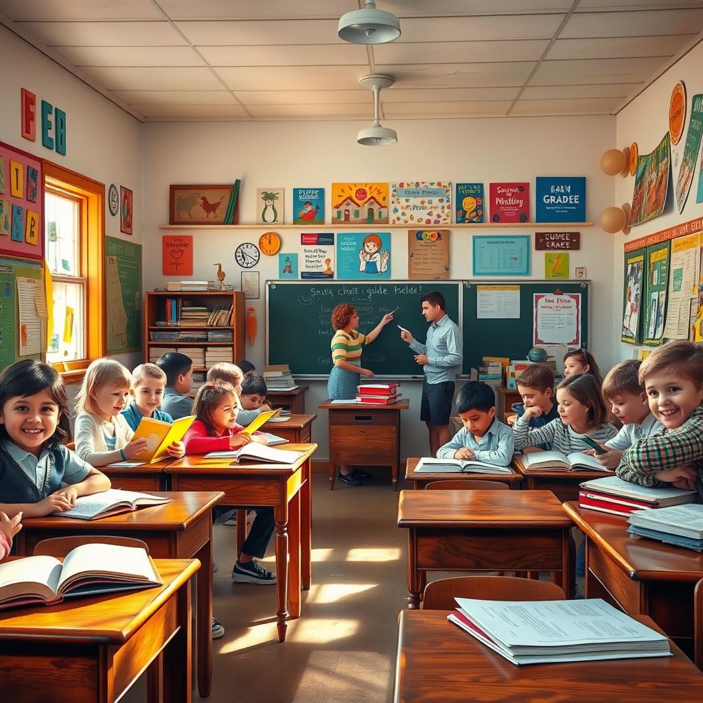 A nostalgic classroom scene from the 5th grade, depicting a vintage classroom filled with wooden desks, colorful bulletin boards, and cheerful learning materials