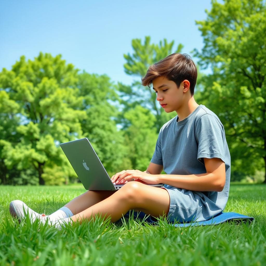 An 18-year-old boy sitting on a grassy field, working on his laptop