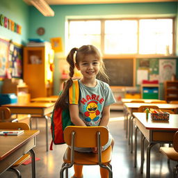 A nostalgic scene inspired by childhood memories, featuring a girl sitting on a school chair in a bright and cheerful classroom