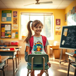 A nostalgic scene inspired by childhood memories, featuring a girl sitting on a school chair in a bright and cheerful classroom