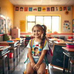 A nostalgic scene inspired by childhood memories, featuring a girl sitting on a school chair in a bright and cheerful classroom