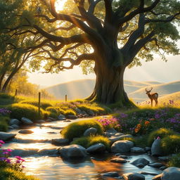 An enchanting forest scene at dawn, where rays of sunlight filter through the leaves, illuminating a serene clearing filled with vibrant wildflowers in shades of purple, yellow, and pink