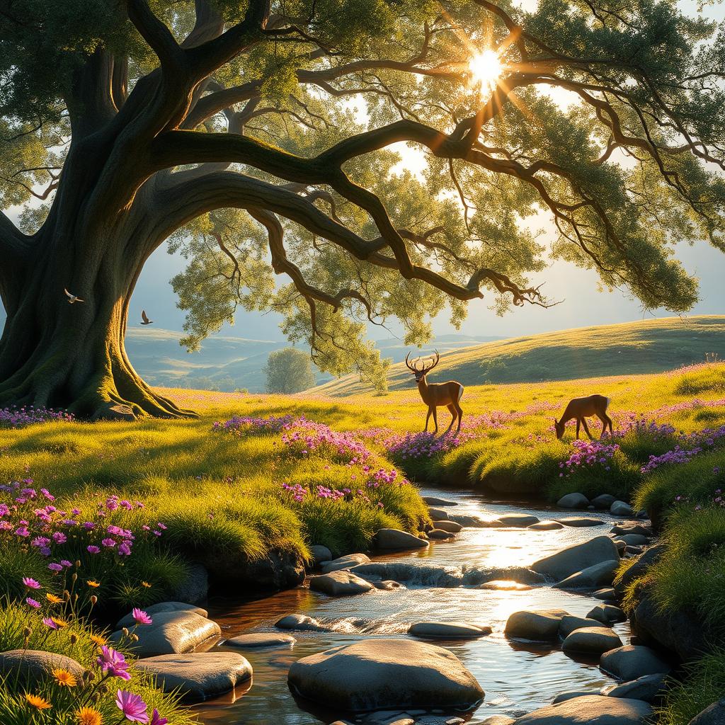 An enchanting forest scene at dawn, where rays of sunlight filter through the leaves, illuminating a serene clearing filled with vibrant wildflowers in shades of purple, yellow, and pink