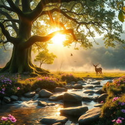 An enchanting forest scene at dawn, where rays of sunlight filter through the leaves, illuminating a serene clearing filled with vibrant wildflowers in shades of purple, yellow, and pink