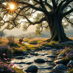 An enchanting forest scene at dawn, where rays of sunlight filter through the leaves, illuminating a serene clearing filled with vibrant wildflowers in shades of purple, yellow, and pink