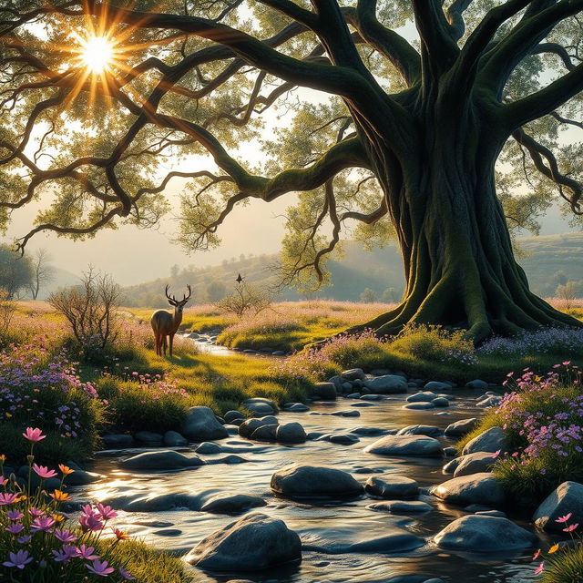 An enchanting forest scene at dawn, where rays of sunlight filter through the leaves, illuminating a serene clearing filled with vibrant wildflowers in shades of purple, yellow, and pink