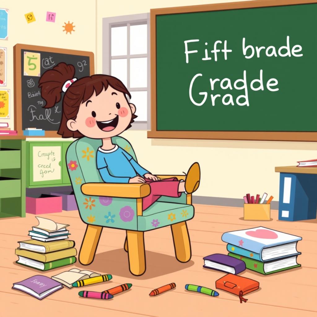 A playful clipart representation of a nostalgic fifth-grade classroom scene, featuring a colorful cartoon-style illustration of a chair with school supplies like books and crayons scattered around