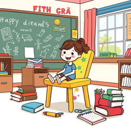 A playful clipart representation of a nostalgic fifth-grade classroom scene, featuring a colorful cartoon-style illustration of a chair with school supplies like books and crayons scattered around