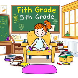A playful clipart representation of a nostalgic fifth-grade classroom scene, featuring a colorful cartoon-style illustration of a chair with school supplies like books and crayons scattered around