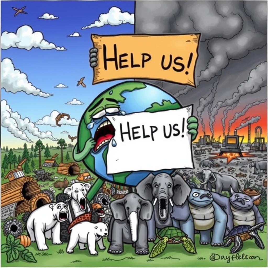 An editorial cartoon titled 'The Silent Cry for Environmental Conservation'