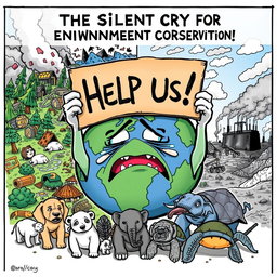 An editorial cartoon titled 'The Silent Cry for Environmental Conservation'