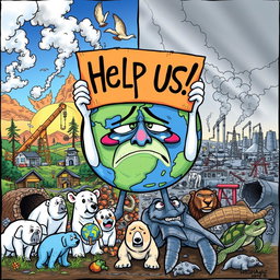 An editorial cartoon titled 'The Silent Cry for Environmental Conservation'