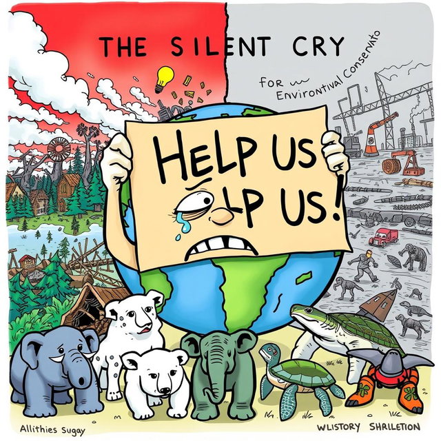 An editorial cartoon titled 'The Silent Cry for Environmental Conservation'