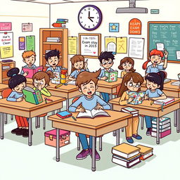 A whimsical clipart illustration depicting a lively classroom during exam days, showcasing diverse cartoon-style students in various study poses