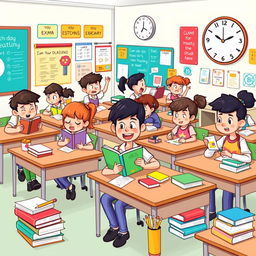 A whimsical clipart illustration depicting a lively classroom during exam days, showcasing diverse cartoon-style students in various study poses