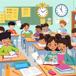 A whimsical clipart illustration depicting a lively classroom during exam days, showcasing diverse cartoon-style students in various study poses