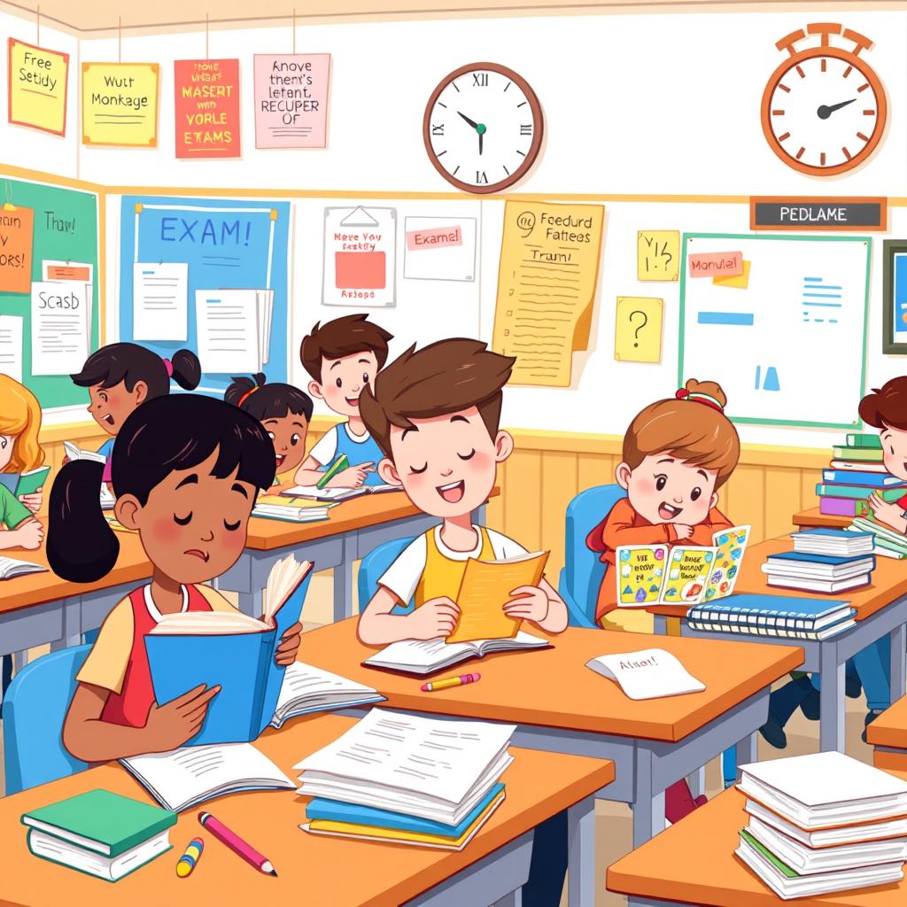 A whimsical clipart illustration depicting a lively classroom during exam days, showcasing diverse cartoon-style students in various study poses