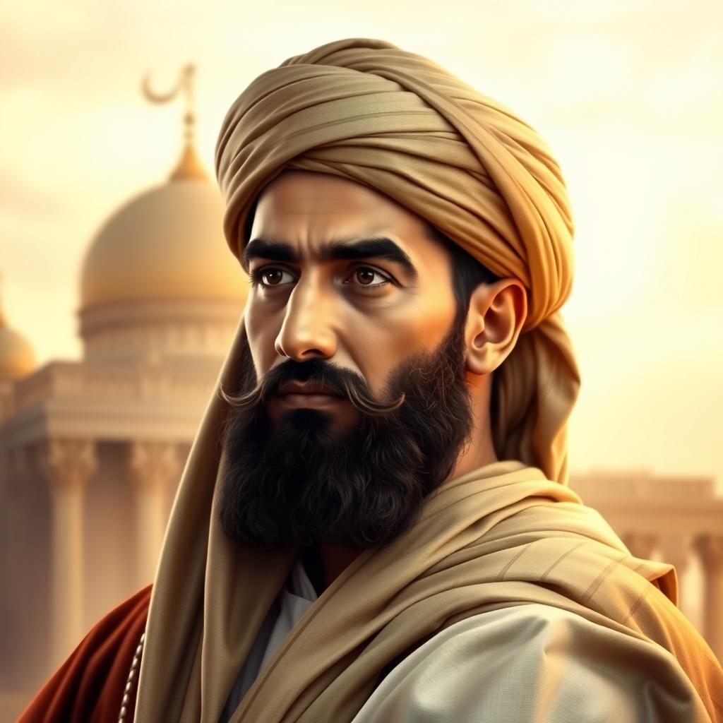 A majestic portrait of Ali bin Abi Talib, the cousin and son-in-law of the Prophet Muhammad, depicted with a serene and wise expression