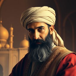 A majestic portrait of Ali bin Abi Talib, the cousin and son-in-law of the Prophet Muhammad, depicted with a serene and wise expression