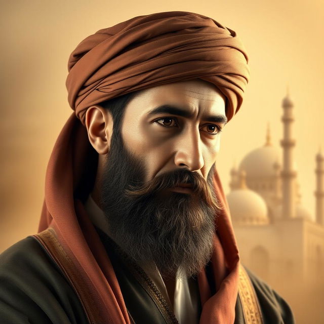 A majestic portrait of Ali bin Abi Talib, the cousin and son-in-law of the Prophet Muhammad, depicted with a serene and wise expression
