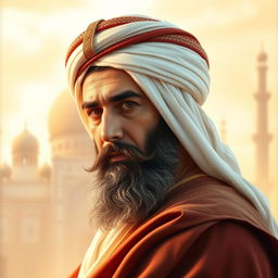 A majestic portrait of Ali bin Abi Talib, the cousin and son-in-law of the Prophet Muhammad, depicted with a serene and wise expression