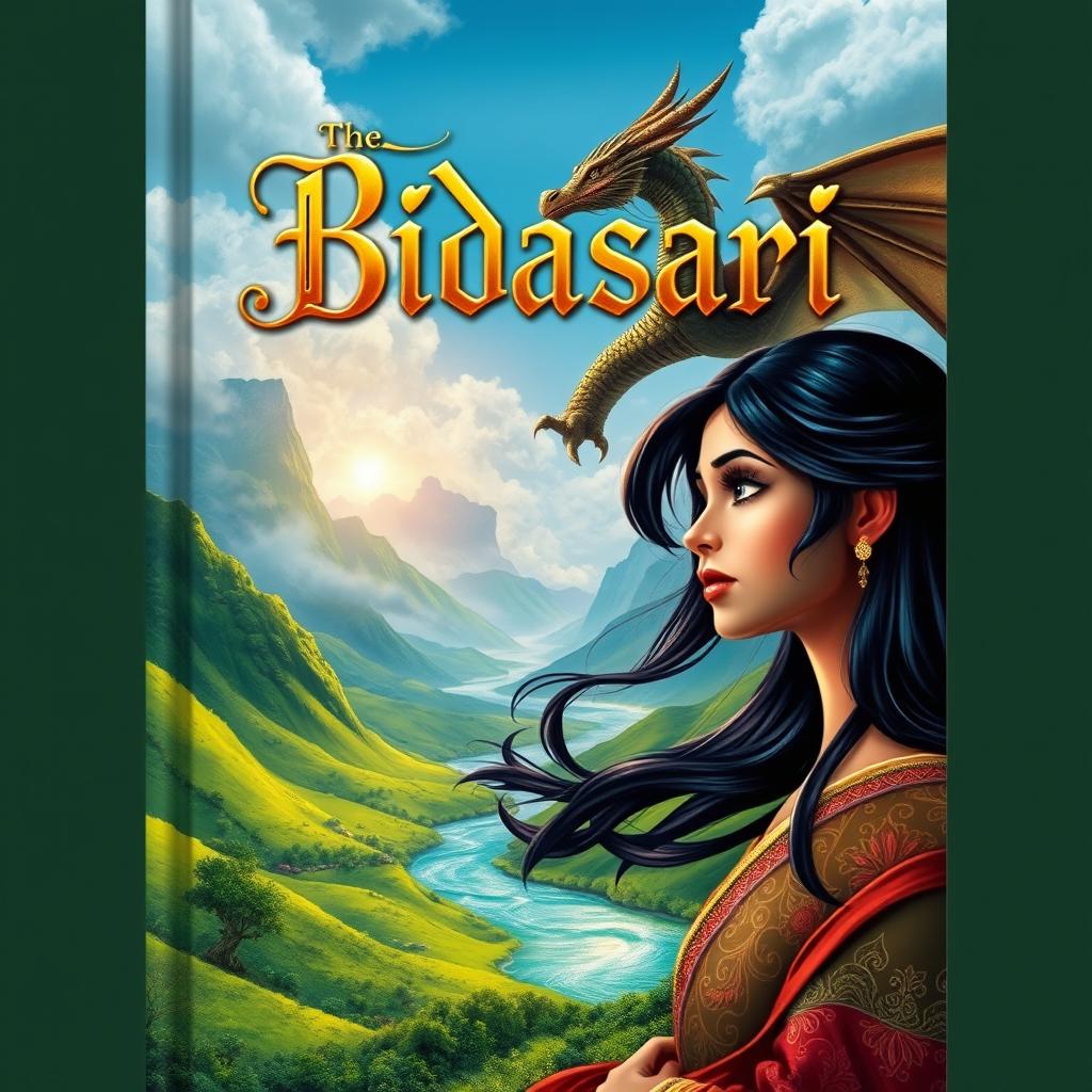 A vibrant and dramatic book cover for the epic tale of 'Bidasari', featuring a mythical landscape with lush green hills and a sparkling river