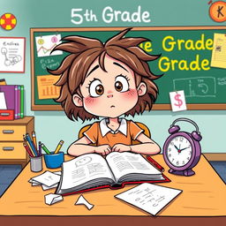 A humorous clipart representation of a fifth-grade classroom scene, showcasing a cartoonish girl sitting at her desk with a surprised and puzzled expression