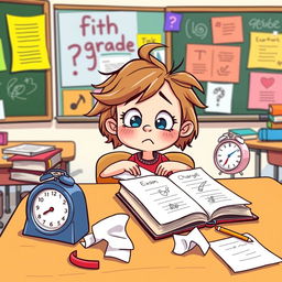 A humorous clipart representation of a fifth-grade classroom scene, showcasing a cartoonish girl sitting at her desk with a surprised and puzzled expression