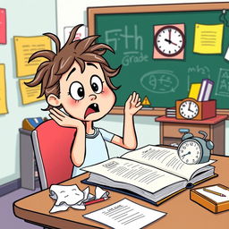 A humorous clipart representation of a fifth-grade classroom scene, showcasing a cartoonish girl sitting at her desk with a surprised and puzzled expression