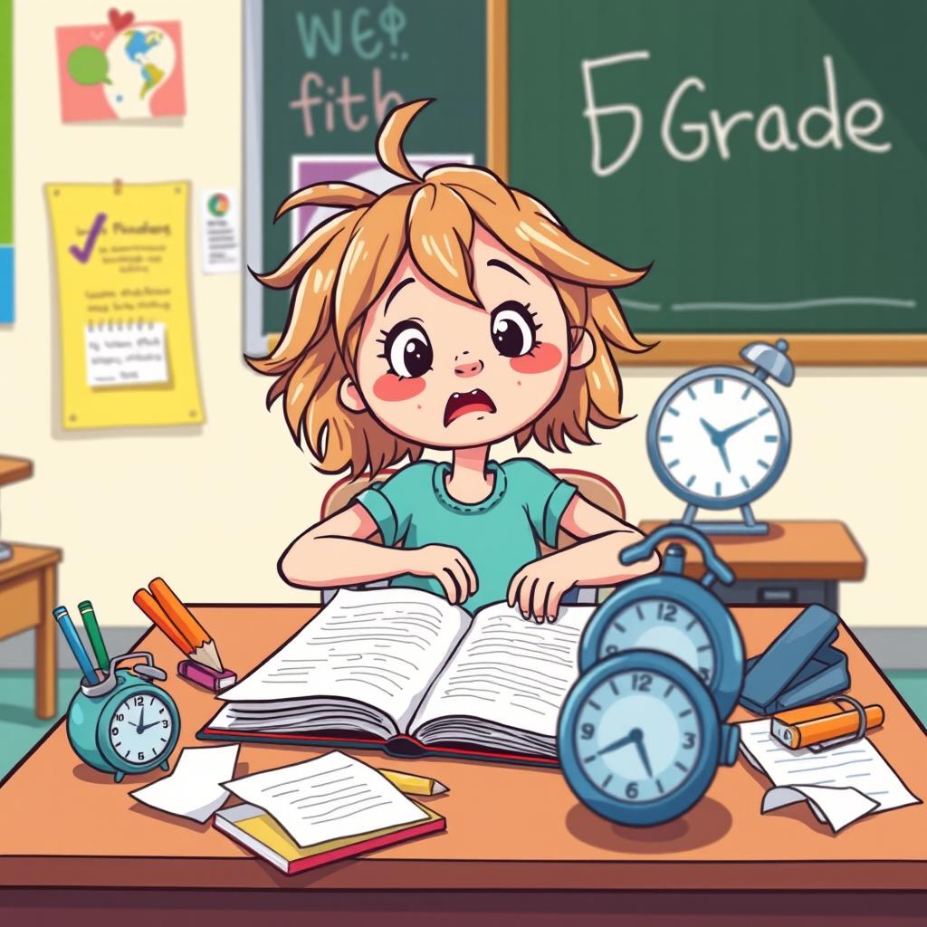 A humorous clipart representation of a fifth-grade classroom scene, showcasing a cartoonish girl sitting at her desk with a surprised and puzzled expression
