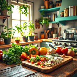 A vibrant and colorful kitchen scene filled with fresh vegetables, aromatic herbs, and various cooking utensils