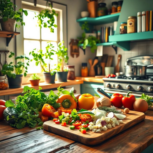 A vibrant and colorful kitchen scene filled with fresh vegetables, aromatic herbs, and various cooking utensils