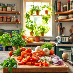 A vibrant and colorful kitchen scene filled with fresh vegetables, aromatic herbs, and various cooking utensils