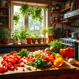 A vibrant and colorful kitchen scene filled with fresh vegetables, aromatic herbs, and various cooking utensils